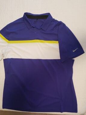 Nike Men’s Purple Golf Polo with White Chest Panel and Yellow Stripe